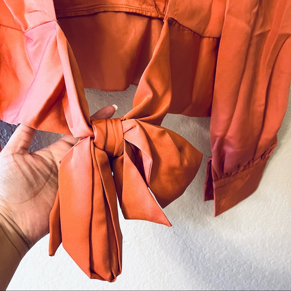 NWT Lulus Rusty Rose Satin Tie-Back Long Sleeve Top. - Picture 4 of 9